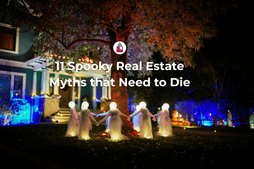 Ghost decorations glowing under a tree in a front yard at night, arranged in a circle like they’re holding hands - a playful, spooky Halloween scene representing myths that won’t die.