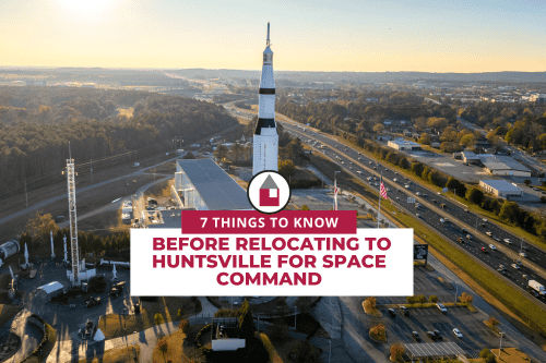 Relocating to Huntsville for Space Command – aerial view of the U.S. Space & Rocket Center and Saturn V rocket, symbolizing Huntsville’s aerospace heritage and military community.